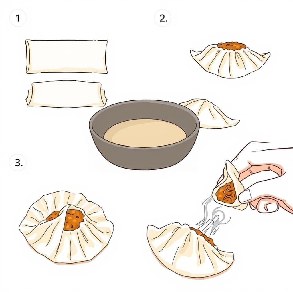 Illustration du pliage des gyoza étape par étape