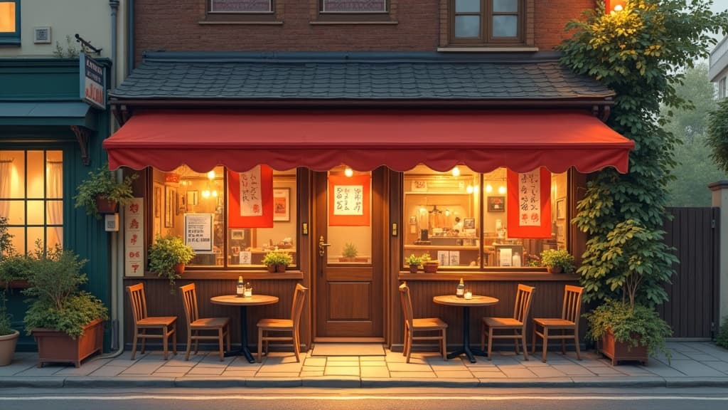 Devanture d'un restaurant japonais de quartier au crépuscule