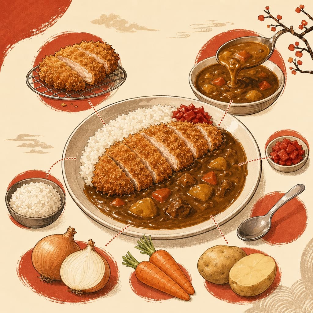 Anatomie visuelle du katsu curry : tonkatsu, roux de curry, riz et pickles