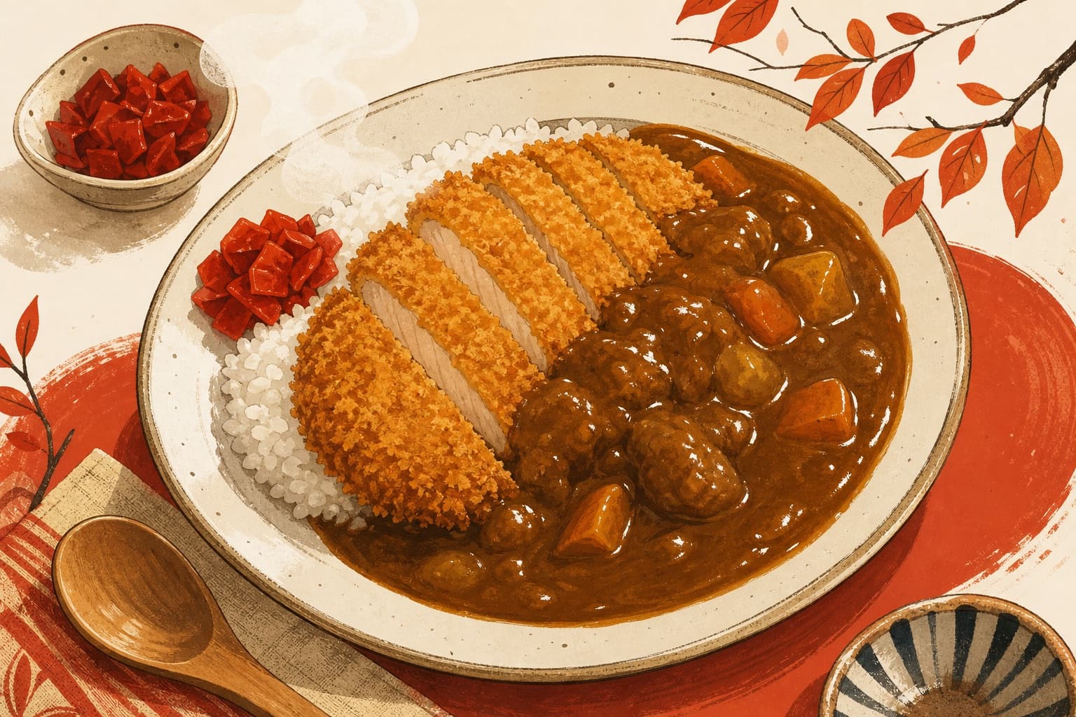 Katsu curry avec tonkatsu tranché, riz japonais et sauce curry brillante