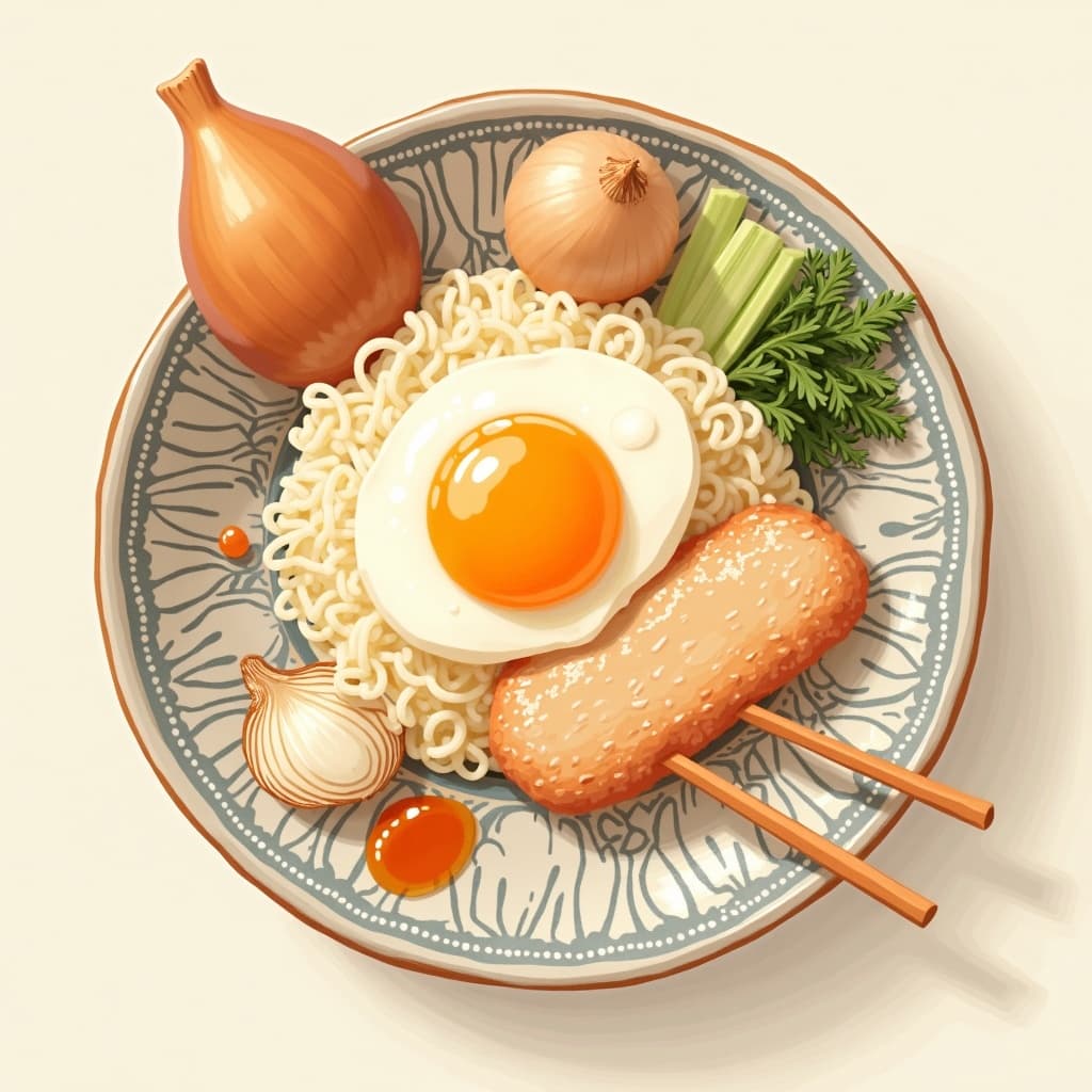 Ingrédients katsudon : œuf, oignon, tonkatsu, dashi