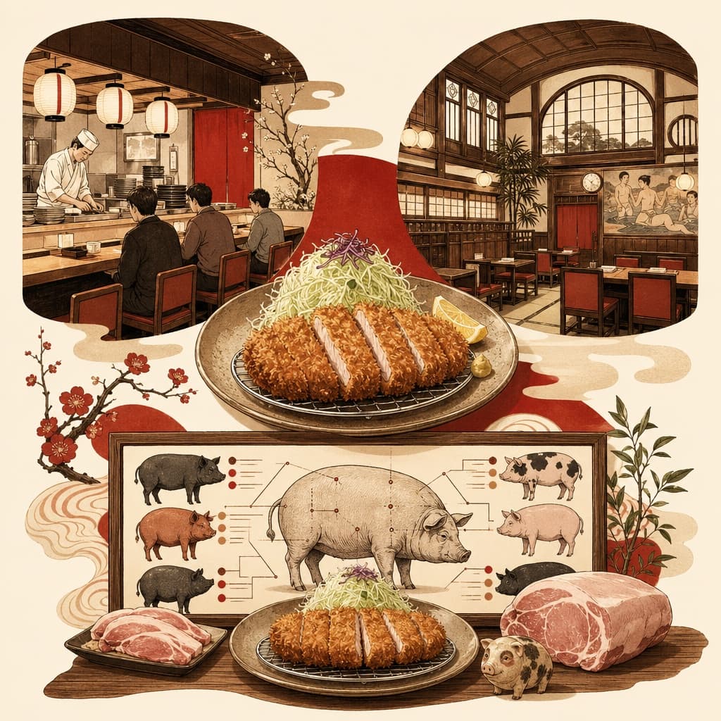 Three legendary Japanese tonkatsu houses illustrated as warm restaurant scenes