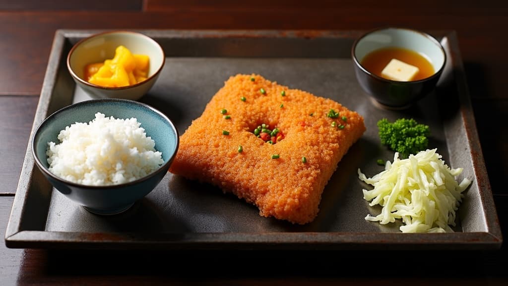 Un plateau teishoku japonais avec riz, soupe miso, pickles, chou et plat principal